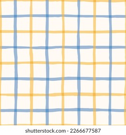 Cornflower Blue and Yellow Watercolor Hand-Drawn Glun Club Plaid Vector Seamless Pattern. Romantic Artistic Cottagecore Checks. Homestead Farmhouse Print. Pastel Summer Graphic Background