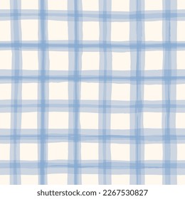 Cornflower BlueWatercolor Hand-Drawn Gingham Vector Seamless Pattern. Romantic Artistic Cottagecore Checks. Homestead Farmhouse Print. Pastel Summer Graphic Background