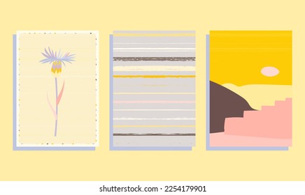 cornflower, boho landscape, seamless brushes strips, vector  card set