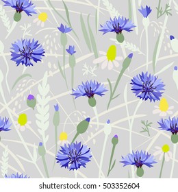 Cornflower field - seamless pattern. 
Hand drawn vector floral pattern with blue  flowers and grasses on gray background.
