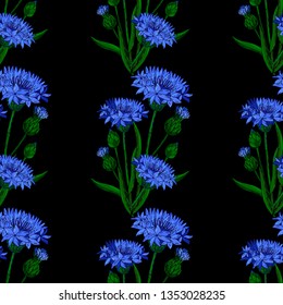 Cornflower floral seamless background isolated on the black. Vector artwork. Botanical design with blue cornflower.