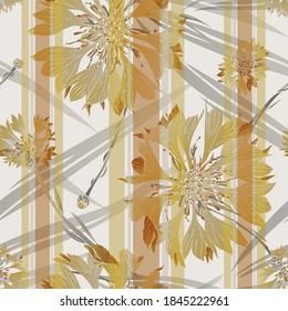 Cornflower flower. Garden, meadow plant cornflower. Seamless vector pattern with flowers, lines and geometry. Hand drawing.