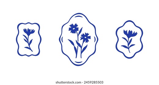 Cornflower illustration with frame. Stylized vector flower element for prints, clothing, pattern, packaging and postcards.