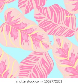 Cornflower Jungle Leaf Vector Seamless Pattern. Crimson Retro Monstera Wallpaper Brazil Design. Powder Leaves Summer Illustration. Indigo Banana Tree Print