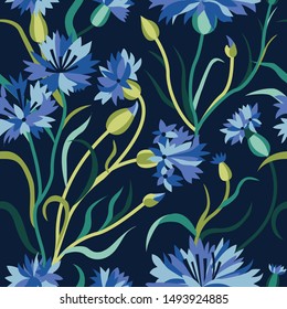 Cornflower seamless pattern with blooming blue cornflowers, flower buds and green stalk leaves. Floral blossom design. Field flower ornament on dark background for prints, fabric and wrapping paper.
