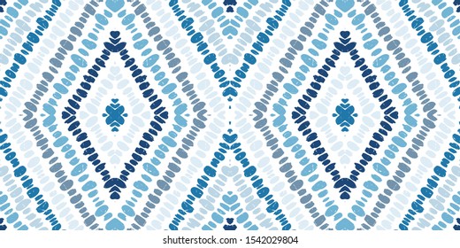 Cornflower Triangles Fashion Seamless Pattern. Cobalt Tie Dye Aztec Vector Motif. Batik Psychedelic Design. Japanese Triangles Psychedelic Vector Design. Ikat.