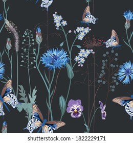 Cornflower, viola, forget-me-not flowers, butterfly and herbs. Floral seamless pattern with butterfly and wild flowers and herbs on a black background. 