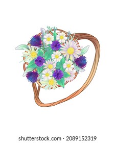 cornflowers and daisies in a basket top view
