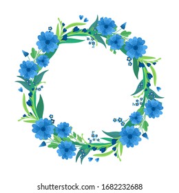Cornflowers and daisy blossoms cartoon decor element. Blue wildflowers blank wreath  for social media post, greeting card design.  Floral round empty frame flat vector template. 
