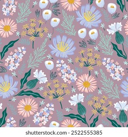 Flores de campo de flores de maíz - Vector sin patrón floral en colores suaves y naturales azul, rosa, beige. Fondo natural y lindo. Impresión de moda con flores para la primavera y la decoración de verano