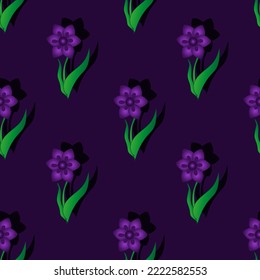 Cornflowers flower seamless pattern on purple background with shadows. Floral print for wallpaper and bed linen. Nature backdrop with buttercup.
