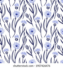 Cornflowers seamless pattern. Hand drawn colored knapweed flowers and leaves, stem and petals. Herbal and meadow plant collection, decor textile, wrapping paper wallpaper vector texture print fabric
