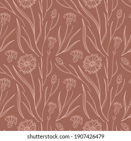 Cornflowers seamless pattern. Hand drawn colored knapweed flowers and leaves, stem and petals. Herbal monochrome collection, decor textile, wrapping paper wallpaper vector texture print fabric