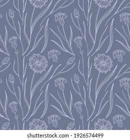 Cornflowers seamless pattern. Hand drawn colored knapweed flowers and leaves, stem and petals. Herbal monochrome collection, decor textile, wrapping paper wallpaper vector texture print fabric