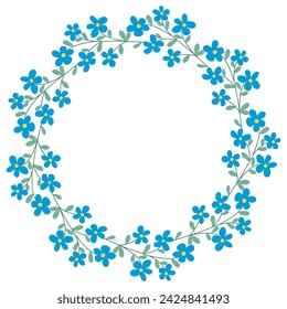 Cornflowers spring wreath with copy space. Floral round rim for cards, invitations. Tiny flowers and foliage, botanical circular frame, isolated vector illustration