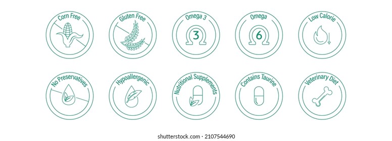 sin maíz, sin gluten, omega 3 y omega6, bajas calorías, sin conservantes, hipoalergénico, suplemento nutricional, contiene taurina, vectores de dieta veterinaria icono de dieta conjunto de propiedades alimentarias para mascotas 