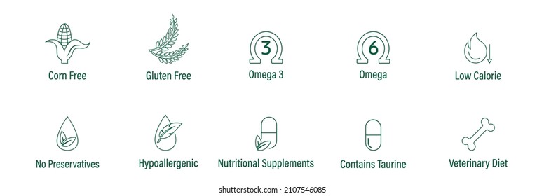 corn-free, gluten-free, omega 3  omega6, low calories, no preservatives, hypo-allergenic, nutritional supplement, contains taurine, veterinary diet vector diet icon set pet food properties 