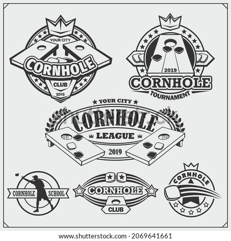 Cornhole badges, labels and design elements. Sport club emblems.