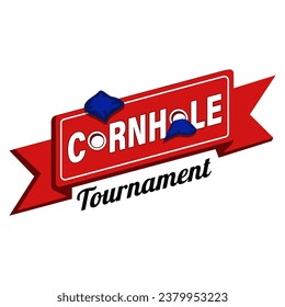 Diseño del logotipo del torneo Cornhole Board en color rojo y azul. Placa de señalización del talón de maíz.