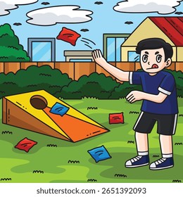 Cornhole Boy Practicing Colored Cartoon 