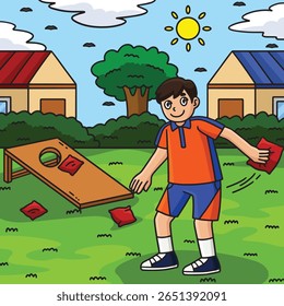 Cornhole Boy Ready to Shoot Bag Colored Cartoon 