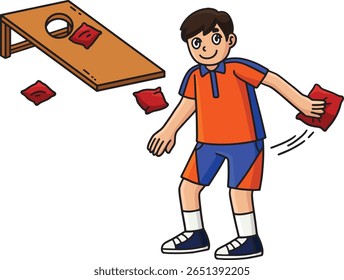 Cornhole Boy Ready to Shoot Bag Cartoon Clipart 