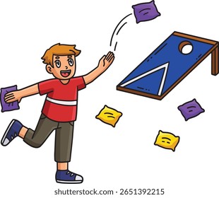 Cornhole Boy Tossing Bags Cartoon Colored Clipart 