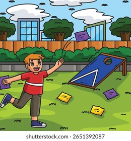 Cornhole Boy Tossing Bags Colored Cartoon 