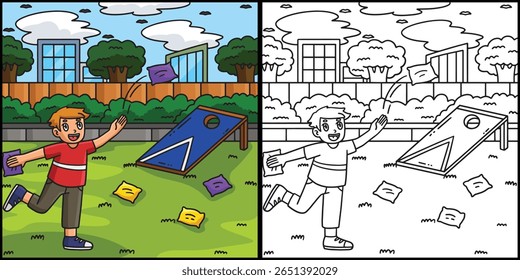 Cornhole Boy Tossing Bags Coloring Illustration 