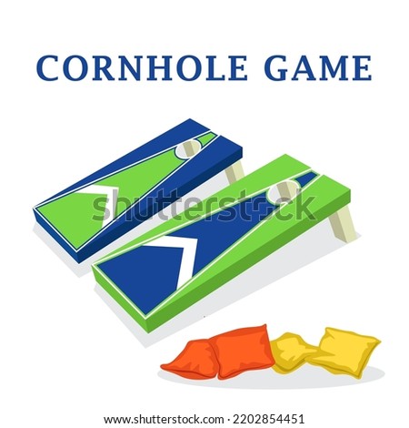 Cornhole Game Blue And Green Color Vector Illustration. Bean Bag Toss Cornhole Board Set.