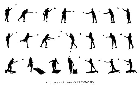 Conjunto de siluetas de jugador de juego de Cornhole. Bolsa de frijoles para tirar Vector deportivo de césped al aire libre.