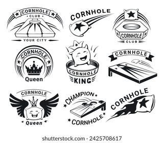 Cornhole sport club championship black retro groovy emblem design template set isometric vector illustration. Sportive recreation hobby gaming festival fun outdoor recreation tournament label