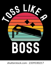 Cornhole vintage sunset graphic, cornhole board and bean bags with funny saying Toss Like A Boss