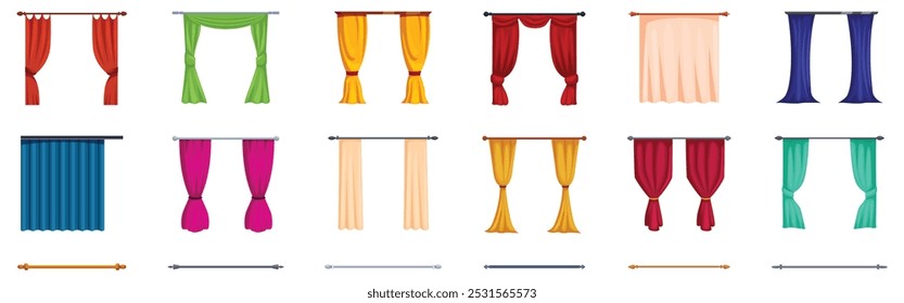 Cornice cortinas ícones conjunto. Conjunto de cortinas coloridas penduradas em cornice elementos de decoração de casa para sala de estar ou quarto