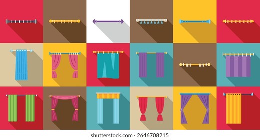  Cornice cortinas ícones conjunto. Conjunto colorido de cortinas e cortinas apresentando diferentes estilos, perfeito para conceitos de design de interiores