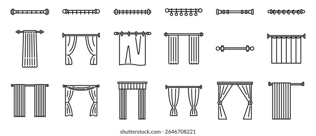  Cornice cortinas ícones conjunto. Diferentes estilos de cortinas e varas de cortina são retratados em um estilo de arte de linha minimalista, perfeito para projetos de decoração de casa