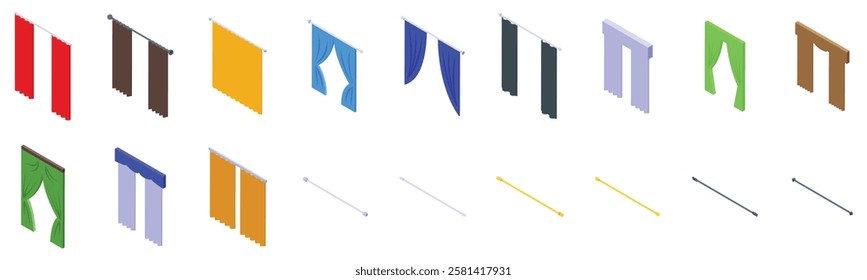  Cornice curtains icons set. Isometric set of colorful curtains and rods, showcasing various styles and colors for interior design