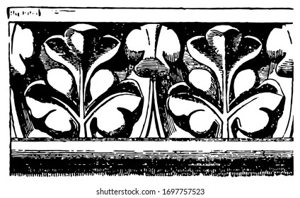 Cornice Molding  from Notre Dame, Paris, ledge,  horizontal decorative molding,  top of an interior wall, vintage line drawing or engraving illustration.