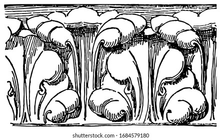 La moldura de coragradable está sobre una puerta o ventana, el borde superior de un pedestal, la parte superior de una pared interior, el dibujo de líneas antiguas o la ilustración de grabado.