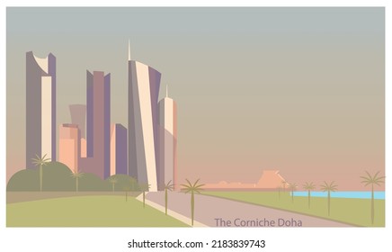 La cornisa de Doha. El paisaje frente al mar a lo largo de la Bahía de Doha en la ciudad capital de Qatar.