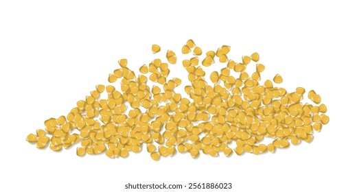 Corns seed. Pile of sweetcorn golden grains on white. Ripe yellow corn grains for planting and cultivation. Maize seeds, farm natural product. Great for menu, label, product packaging, recipe. Vector