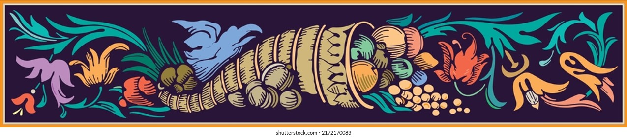Cornucopia background with vegetables in ornament, vector illustration.