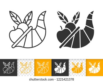 Cornucopia black linear and silhouette icons. Thin line sign of thanksgiving day. Abundance outline pictogram isolated on white transparent background. Horn of plenty Vector Icon simple symbol closeup