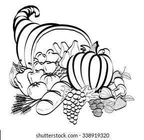 cornucopia black and white line drawing, use for logos, signs, magazine articles, news print, one color advertisements.