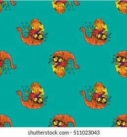 Cornucopia doodle pattern. Fruits and vegetables. Thanksgiving day background for card, banner, website, app, design project. Hand drawn green texture. Vector illustration.