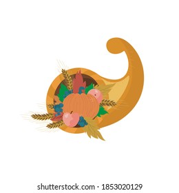 Cornucopia filled with autumn harvest including pumpkin, apples, wheat and grapes. Vector illustration.