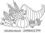 Cornucopia Filled with Fruits and Vegetables outline coloring page. Thanksgiving hand drawn colouring 
