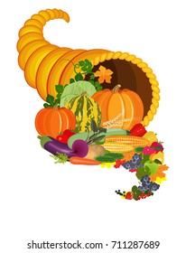 Cornucopia of fruits and vegetables. Vector Illustration.