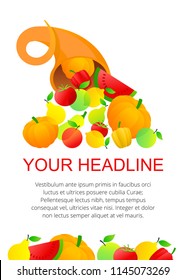 Cornucopia with fruits and vegetables - vector template for autumn harvest festivals and food markets