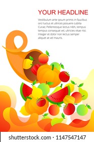 Cornucopia with fruits and vegetables - vector template with abstract elements  for autumn harvest festivals and food markets
